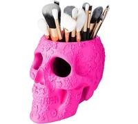 Skull Makeup Brush Holder, Pen Holder, Vanity, Desk, Office Organizer, Stationary, Decor Planter, Candy Bowl, Goth Decorations, Extra Large, Skulls Gothic Skull & Bones Organizer Bathroom (Pink)