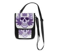 Skull Maple Leaf Outlined Purple White Travel Wallet Passport Holder Hidden Neck pouching Slim Lightweight Crossbody Bag with Adjustable Strap