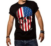 Skull Mens T-Shirt USA Flag Black Size M