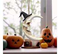 Skull Moon Hanging Ornament, Resin Halloween Half Moon Skull Face with Witch Hat Hanging Sculpture, Fun Skeleton Figurines for Outside,Ghost Garden Statue Decor for Wall Window Decor