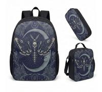 Skull Moth Moon Phase Backpack 17 Inch 3 Piece Set Gothic Celestial Starry Night School Bag, Dark Astrology Gift with Insulated Lunch Box & Pencil Case (04)