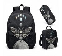 Skull Moth Moon Phase Backpack 17 Inch 3 Piece Set Gothic Celestial Starry Night School Bag, Dark Astrology Gift with Insulated Lunch Box & Pencil Case (02)