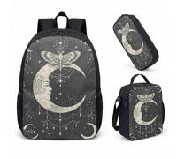 Skull Moth Moon Phase Backpack 17 Inch 3 Piece Set Gothic Celestial Starry Night School Bag, Dark Astrology Gift with Insulated Lunch Box & Pencil Case (05)