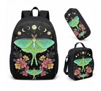 Skull Moth Moon Phase Backpack 17 Inch 3 Piece Set Gothic Celestial Starry Night School Bag, Dark Astrology Gift with Insulated Lunch Box & Pencil Case (06)