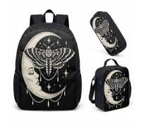 Skull Moth Moon Phase Backpack 17 Inch 3 Piece Set Gothic Celestial Starry Night School Bag, Dark Astrology Gift with Insulated Lunch Box & Pencil Case (03)