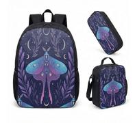 Skull Moth Moon Phase Backpack 17 Inch 3 Piece Set Gothic Celestial Starry Night School Bag, Dark Astrology Gift with Insulated Lunch Box & Pencil Case (08)