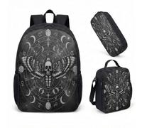 Skull Moth Moon Phase Backpack 17 Inch 3 Piece Set Gothic Celestial Starry Night School Bag, Dark Astrology Gift with Insulated Lunch Box & Pencil Case (01)