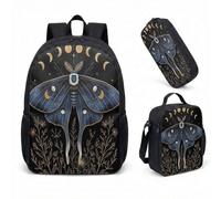 Skull Moth Moon Phase Backpack 17 Inch 3 Piece Set Gothic Celestial Starry Night School Bag, Dark Astrology Gift with Insulated Lunch Box & Pencil Case (11)