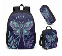 Skull Moth Moon Phase Backpack 17 Inch 3 Piece Set Gothic Celestial Starry Night School Bag, Dark Astrology Gift with Insulated Lunch Box & Pencil Case (09)