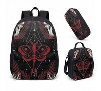 Skull Moth Moon Phase Backpack 17 Inch 3 Piece Set Gothic Celestial Starry Night School Bag, Dark Astrology Gift with Insulated Lunch Box & Pencil Case (07)