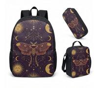 Skull Moth Moon Phase Backpack 17 Inch 3 Piece Set Gothic Celestial Starry Night School Bag, Dark Astrology Gift with Insulated Lunch Box & Pencil Case (10)