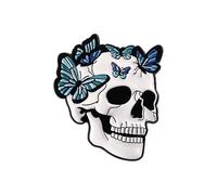 Skull Moth Pin Badge Gothic Pagan Halloween Brooch Hawkmoth Goth Dark Butterfly Jacket Bag Lapel Jewellery Accessory Skulls Moths Butterflies Hawk Moth Death Emo Skeleton (Skull + Blue Butterflies)