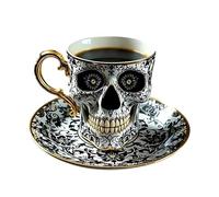 Skull Mug,Skull Coffee Cup with Saucer Set,Skull Crusher Coffee,Gothic Porcelain Tea Cup with Gold Trim,Halloween Themed Skeleton Head Mugs,Diabolical Bonehead Cups for Coffee Lovers & Collectors