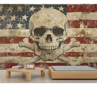 Skull Mural American Flag Wallpaper Retro Skeleton Wall Mural Panoramic Office Reception Studio Backdrop Custom Photo Wallpaper (Non-self-Adhesive)