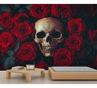 Skull Mural Red Rose Wallpaper Gothic Skull Wall Mural Giant Home Living Room Dining Room Wall Decor Poster (Non-self-Adhesive)