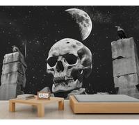 Skull Murals Gothic Halloween Wallpaper for Girls Crow Skeleton Bones Vintage Wallpaper Ruins of Stone Pillars Starry Sky Moon Wall Paper for Girls Bedroom Living Room Mural 450X300cm