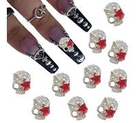 Skull Nail Charms with Red Star 10PCS - 3D Metal Nail Decorations with Crystal Rhinestones for Acrylic Nails