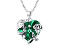 Skull Necklace Sterling Silver Rose Gothic Pendant Heart Birthstone Necklace Austrian Crystal Necklace Halloween Goth Jewellery Gift for Women Men