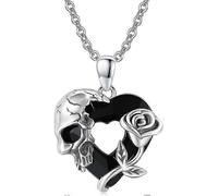 Skull necklace sterling silver rose, gothic pendant heart necklace, black austrian crystal necklace, halloween necklace jewelry [jkw]