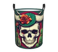 Skull Of Bull And Cute Cactus Print Circular Protable Storage Bin Organizer Round Basket For Laundry Hamper With Handles Bedroom Clothes