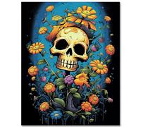 Skull Paint by Numbers Kit for Adults, DIY Flowers Oil Paint by Numbers on Canvas Skull Sunflower Acrylic Drawing Paintwork Art Crafts Abstract Style Easy Paint by Numbers Kit 16x20 Inch (Frameless)