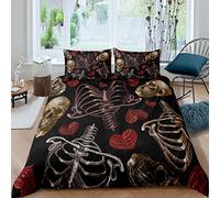 Skull Pattern Bedding Set for Girls Children Women Skeleton Design Comforter Cover Love Heart Pattern Duvet Cover Room Decor Gothic Bones Style Bedspread Cover Double Size Bedding Collection 3Pcs
