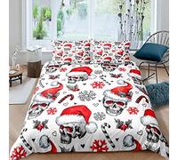 Skull Pattern Duvet Cover Gray Skull With Christmas Hat Bedding Set Red White Xmas Skeleton Comforter Cover for Boys Girls Kids Room Decor Winter Snowflake Heart Bedspread Cover King Size