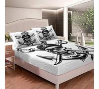 Skull Pattern Fitted Sheet Boys Pirate Skull Bedding Set Men Nautical Anchor Bed Sheet Set for Children Teens Adults Bedroom Decor Black White Skeleton Design Bed Cover Single Size With 1 Pillow Case