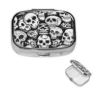 Skull Pill Box with Mirror 2 Compartment Decorative Pill Case for Purse or Pocket Small Square Pill Organizer Weekly Metal Medicine Tablet Vitamin Holder Travel Gift