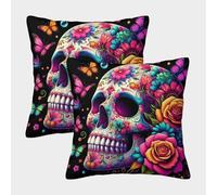 Skull Pillow Cases Set of 2 Cozy Pillowcases Art Cushion Covers with Invisible Zipper Decor Sofa for Living Room Bedroom 40x40cm