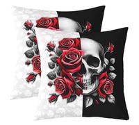 Skull Pillow Covers for Kids Teens,Goth Skull Throw Cushion Covers 20"x20",Rose Flowers Halloween Theme Room Decor Cushion Cases,Red Grey Black Pillow Cases Set of 2
