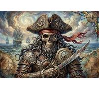 Skull Pirate Captain Art 500 Piece Wooden Jigsaw Puzzle,Gift Idea,Stress Relief,Whimsical Challenge,Wood,Adults & Kids 14+,Home Wall Decor,Educational Toy (52x38cm)