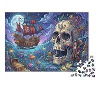 Skull Pirate Ship Treasure 1000 Piece Wooden Jigsaw Puzzle,Educational Toy,Gift Idea,Wood,Impossible Challenge,Home Wall Decor,Adults & Kids 14+,Stress Relief (75x50cm)