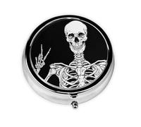 Skull Print Compact Circular Mini Pill Box - All-Over Print Design, Metallic Electroplated Iron Material â€“ A Handy Organizer for Your Daily Medication Needs