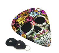 Skull Print Printed Guitar Picks, 6 Pack with Leather Keychain Pick Holder - 0.46mm, 0.71mm, 0.96mm Assorted Thickness for Acoustic Ukulele, Electric Guitar, Acoustic Guitar, Bass