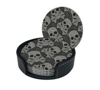 Skull Print Round Leather Coasters - Set Of 6, Ultra-Fiber Pu Leather