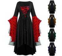 Skull Printed Gothic Dress for Women Court Lace Long Dresses Medieval Renaissance Maxi Dress Ladies Vintage Halloween Costume Flare Sleeve A-Line Mesh Dresses Steampunk Fancy Gown Red