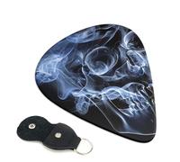 Skull Printed Guitar Picks, 6 Pack with Leather Keychain Pick Holder - 0.46mm, 0.71mm, 0.96mm Assorted Thickness for Acoustic Ukulele, Electric Guitar, Acoustic Guitar, Bass