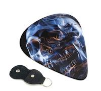 Skull Printed Guitar Picks, 6 Pack with Leather Keychain Pick Holder - 0.46mm, 0.71mm, 0.96mm Assorted Thickness for Acoustic Ukulele, Electric Guitar, Acoustic Guitar, Bass