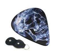 Skull Printed Guitar Picks, 6 Pack with Leather Keychain Pick Holder - 0.46mm, 0.71mm, 0.96mm Assorted Thickness for Acoustic Ukulele, Electric Guitar, Acoustic Guitar, Bass