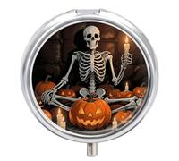 Skull Pumpkin Pill Box 3 Compartment Metal Round Pill Case Travel Pill Organizer Small Portable Medicine Vitamin Container for Purse and Pocket to Hold Vitamins Supplements