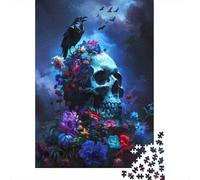 Skull Raven Flowers 1000-Piece Puzzle for Adults, 52x38cm/1000pcs; A Weekend Activity at Your Own Pace; Clean White Card Pieces for Sorting