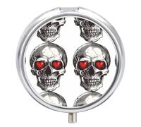 Skull Red Heart Pill Case Box with 3 Compartment Medicine Vitamin Organizer for Purse Pocket 5x5cm