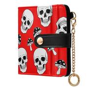 Skull Red Mushroom Print Small Women Wallet RFID Blocking Leather Bifold Compact Card Holder with Coin Pocket Zipper Purse for Girls Women Ladies