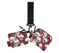 Skull Red Terrible Women's Dual Wallets Business Card Cases Slim Detachable Zipper Cash Coin Purse with Wristlet Strap for Woman 2 Packs case para tarjetas de credito