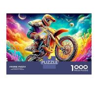 Skull Rider Jigsaw Puzzles for Adult The Impossible Challenge 1000 Piece Rider Neon Cosmic Motorcycle Difficult Hard Jigsaw Puzzles for Man And Woman with Letters on Back 38x26cm/1000pcs