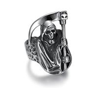 Skull Ring, Gothic Skull Sickle Ring for Men, Norse Viking Skull Head Ring Halloween Skull Jewelry, Stainless Steel Skull Sickle Skeleton Ring Hip Hop Skull Band Ring Punk Skull Ring for Boys