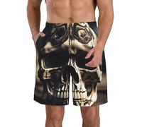Skull Rock Roll Skeleton Bone Print Men's Beach Shorts,Summer Beach Vacation Yoga Golf Drawstring Shorts with Pockets White