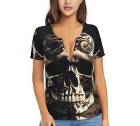 Skull Rock Roll Skeleton Bone V-Neck Women's T-Shirts,Flowy Tops for Women in Plus Size, Your Must-Have Womens Summer Clothes, Black, S