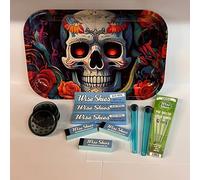 Skull Rolling Tray Bundle Wise Skies Blue Papers Crusher Tubes and King Size Pre Rolled Cones Set for Rolling Accessories and Storage